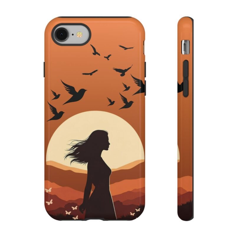 Boho Sunset Silhouette Phone Case – Artistic Nature-Inspired Design with Woman, Birds & Hills